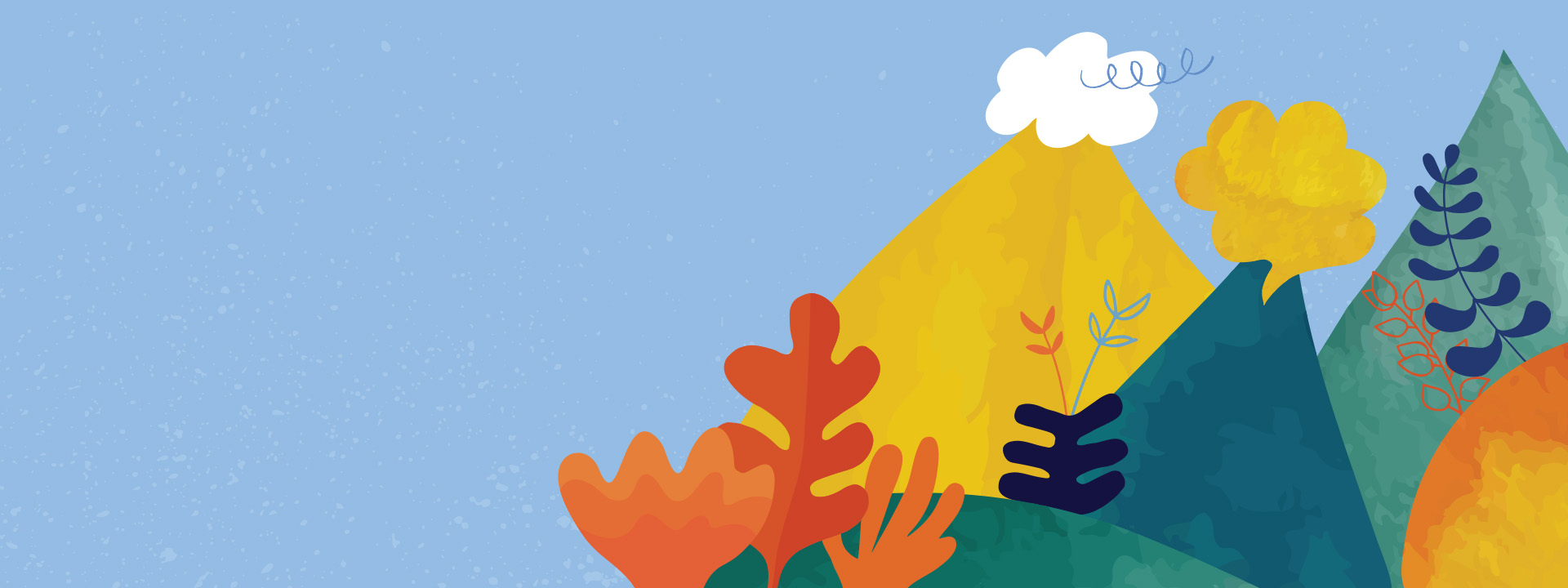 Illustrated mountains and leaves