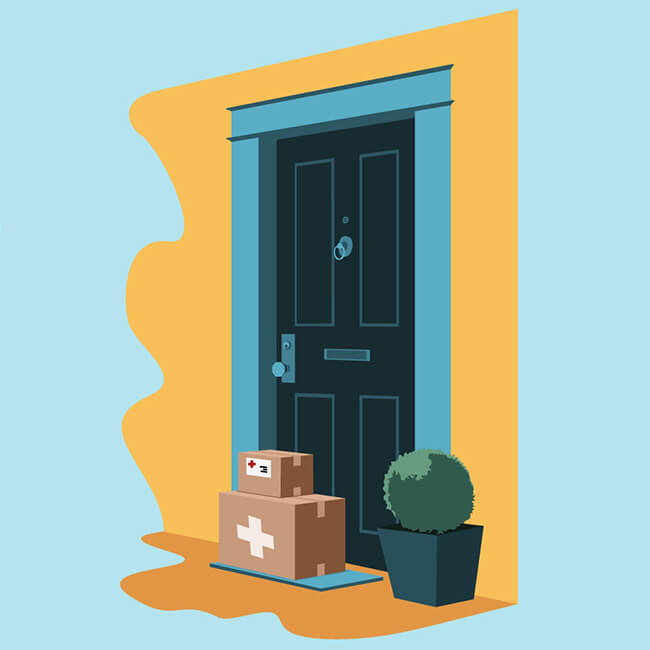Illustration of a door with medical packages delivered.