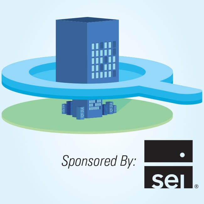 Magnifying Glass on a Building with Sponsored by SEI