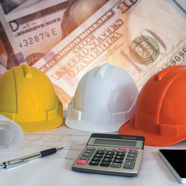 Calculator, money and hard hats