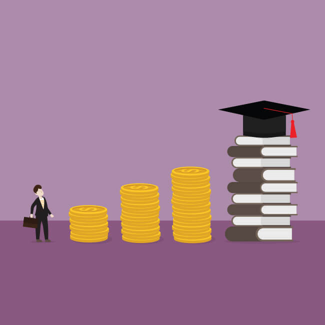 Financial Wellness Workshop Person looking up at increasingly tall stacks of coins, followed by a stack of books with a graduation hat on top
