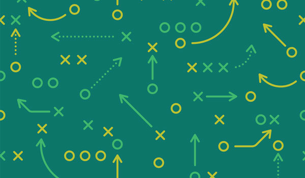 Plays shown on a playboard, comprised of Xs, Os and arrows