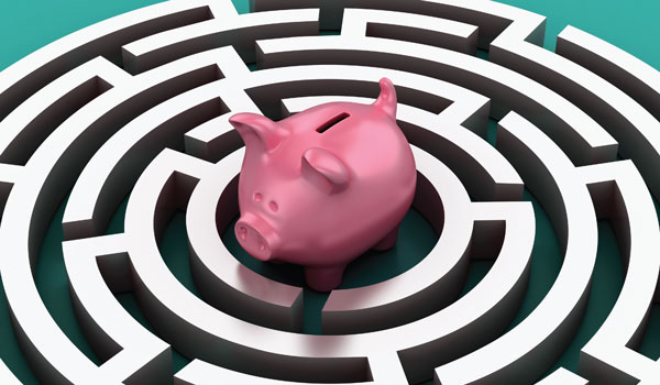 Illustration of a piggy bank in the center of a circular maze